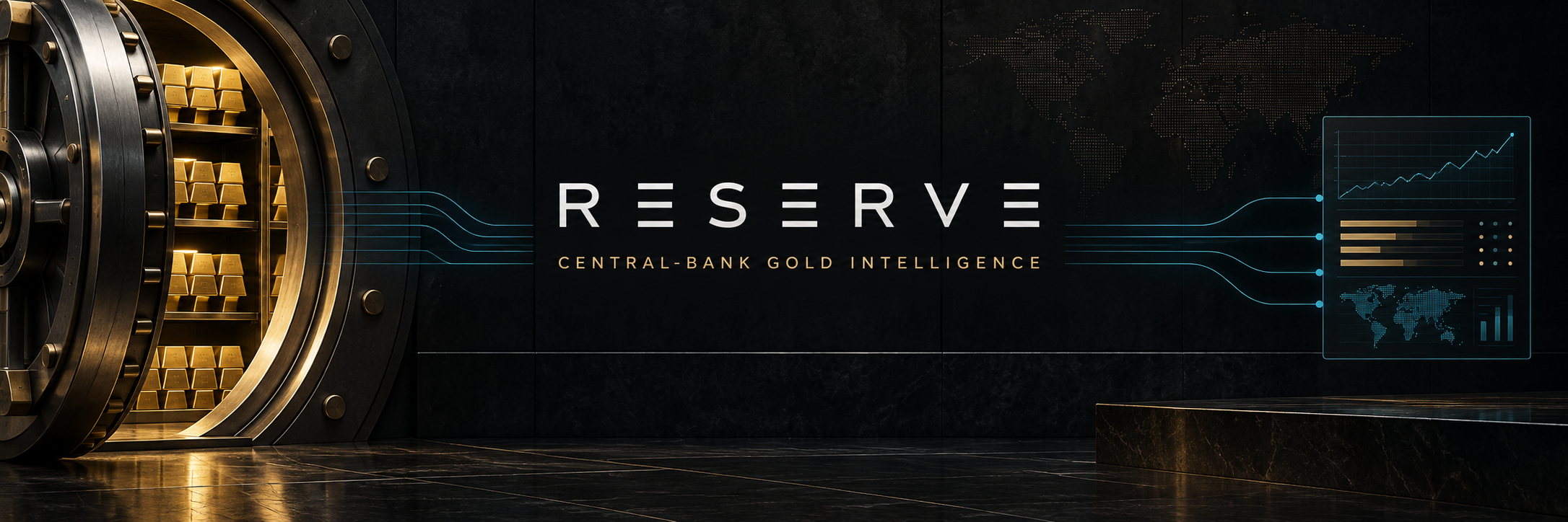 RESERVE central-bank gold intelligence banner with vault, ledger lines, and a data panel